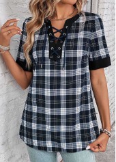 Black Lace Up Plaid Short Sleeve Blouse | thumb picture 