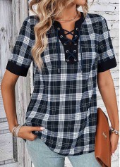 Black Lace Up Plaid Short Sleeve Blouse | thumb picture 