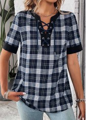 Black Lace Up Plaid Short Sleeve Blouse | thumb picture 
