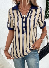 Beige Patchwork Striped Short Sleeve Shirt Collar Blouse | thumb picture 