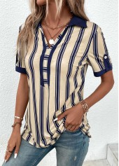Beige Patchwork Striped Short Sleeve Shirt Collar Blouse | thumb picture 