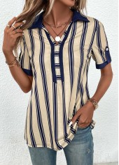 Beige Patchwork Striped Short Sleeve Shirt Collar Blouse | thumb picture 