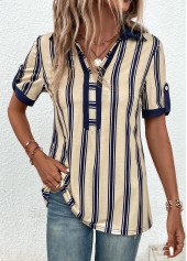 Beige Patchwork Striped Short Sleeve Shirt Collar Blouse | thumb picture 