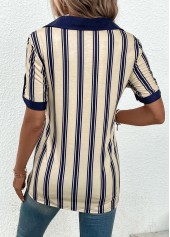 Beige Patchwork Striped Short Sleeve Shirt Collar Blouse | thumb picture 