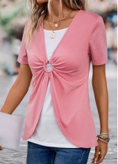 Pink Short Sleeve V Neck Fake Two Piece Twinset