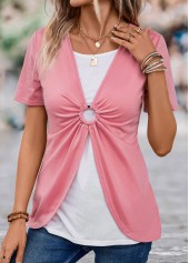Pink Short Sleeve V Neck Fake Two Piece Twinset