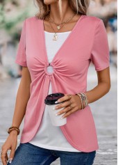 Pink Short Sleeve V Neck Fake Two Piece Twinset