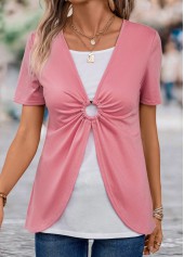Pink Short Sleeve V Neck Fake Two Piece Twinset