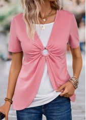 Pink Short Sleeve V Neck Fake Two Piece Twinset