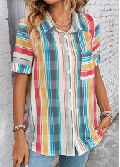 Multi Color Button Plaid Short Sleeve Blouse