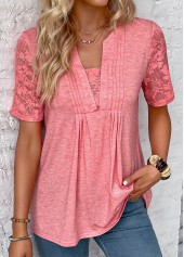 Peach Red Patchwork Short Sleeve T Shirt