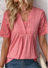 Peach Red Patchwork Short Sleeve T Shirt | thumb picture 