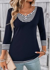 Navy Fake 2in1 Striped T Shirt
