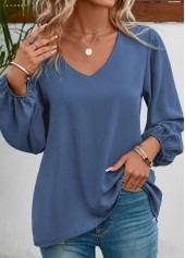 Dusty Blue Long Sleeve V Neck Blouse