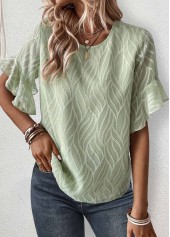 Sage Green Ruffle Short Sleeve Round Neck Blouse