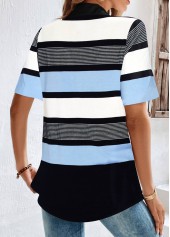 Blue Button Striped Short Sleeve Shirt Collar Blouse | thumb picture 