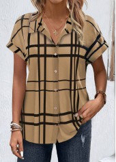 Dark Coffee Button Plaid Short Sleeve Blouse
