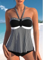 Ruched Patchwork Striped Black Tankini Set