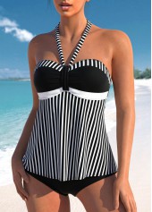 Ruched Patchwork Striped Black Tankini Set | thumb picture 