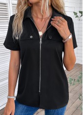 Black Zipper Short Sleeve Turn Down Collar Blouse | thumb picture 