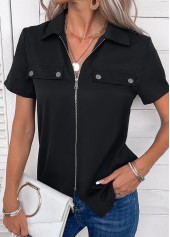 Black Zipper Short Sleeve Turn Down Collar Blouse