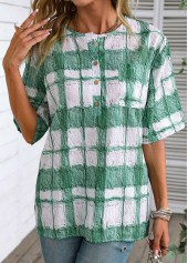 White Button Plaid Half Sleeve Round Neck Blouse | thumb picture 