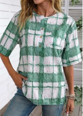 White Button Plaid Half Sleeve Round Neck Blouse