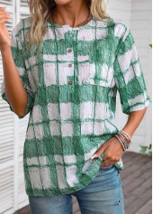White Button Plaid Half Sleeve Round Neck Blouse | thumb picture 