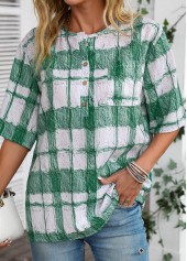 White Button Plaid Half Sleeve Round Neck Blouse | thumb picture 