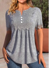 Grey Ruched Short Sleeve Split Neck T Shirt