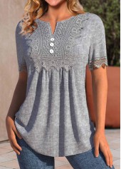 Grey Ruched Short Sleeve Split Neck T Shirt | thumb picture 