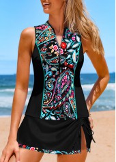 Zipper Mid Waisted Paisley Print Black Tankini Set | thumb picture 