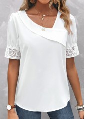 White Patchwork Short Sleeve Asymmetrical Neck Blouse