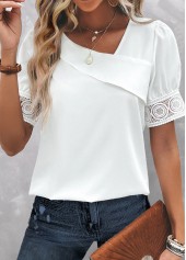 White Patchwork Short Sleeve Asymmetrical Neck Blouse | thumb picture 