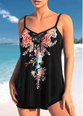 Bowknot Random Floral Print Black Tankini Top-No Bottom | picture 3