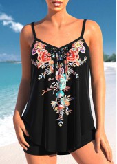 Bowknot Random Floral Print Black Tankini Top-No Bottom | picture 1