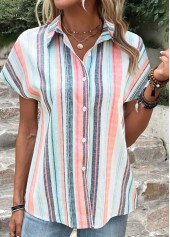 Multi Color Button Striped Short Sleeve Blouse