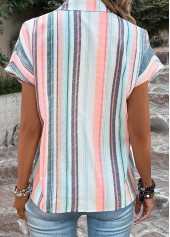 Multi Color Button Striped Short Sleeve Blouse