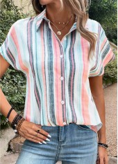 Multi Color Button Striped Short Sleeve Blouse