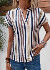 Multi Color Split Striped Short Sleeve Blouse