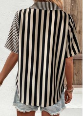 Dark Camel Button Striped Short Sleeve Blouse | thumb picture 