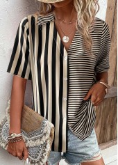 Dark Camel Button Striped Short Sleeve Blouse | thumb picture 