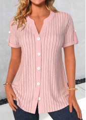 Light Pink Button Short Sleeve Split Neck Blouse
