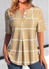Light Camel Button Plaid Short Sleeve Split Neck Blouse