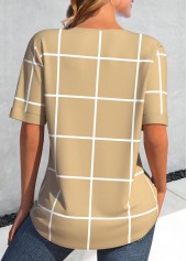 Light Camel Button Plaid Short Sleeve Split Neck Blouse | thumb picture 