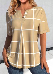 Light Camel Button Plaid Short Sleeve Split Neck Blouse | thumb picture 
