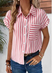 Pink Pocket Striped Short Sleeve Shirt Collar Blouse | thumb picture 