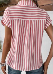 Pink Pocket Striped Short Sleeve Shirt Collar Blouse | thumb picture 