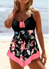 Circular Ring Random Floral Print Black Tankini Set
