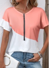Dusty Pink Zipper Short Sleeve T Shirt | thumb picture 
